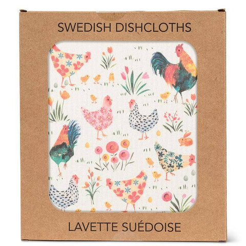 Roosters & Hens Dishcloth-6.75x7.5"L