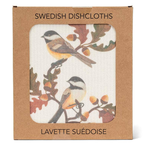 Chickadees & Oak Leaves Dishcloth-6.75x7.5"L