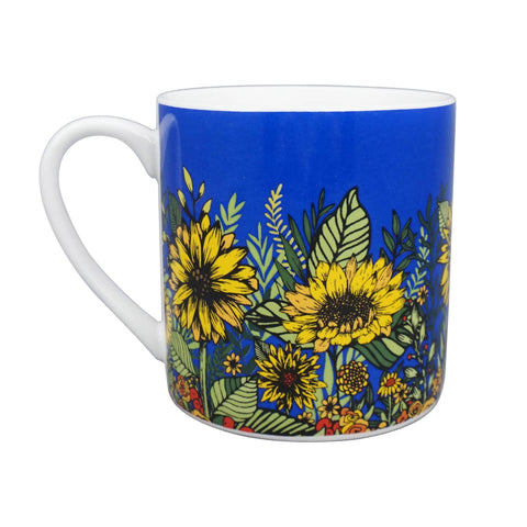 Ceramic Mug Blue Sunflowers Flowers Bee Honey