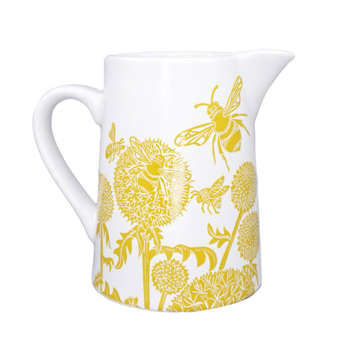 Ceramic Jug Pitcher Honey Bee Dandelions Mustard Yellow
