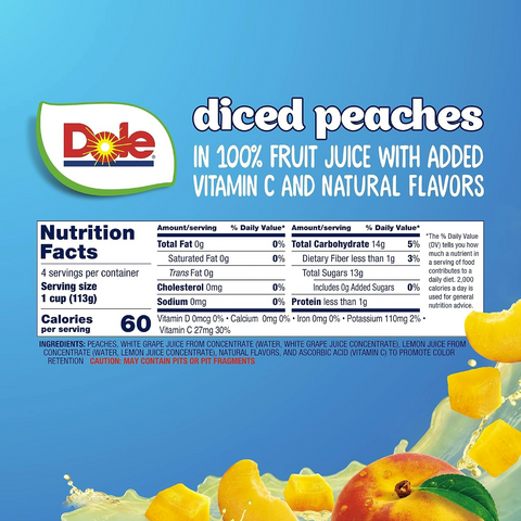 Dole Fruit Bowls Diced Peaches - 4oz Cup - Pack of 4