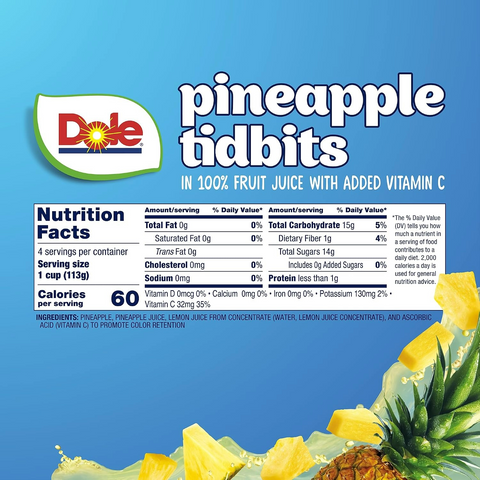Dole Fruit Bowls Pineapple Tidbits - 4oz Cup - Pack of 4