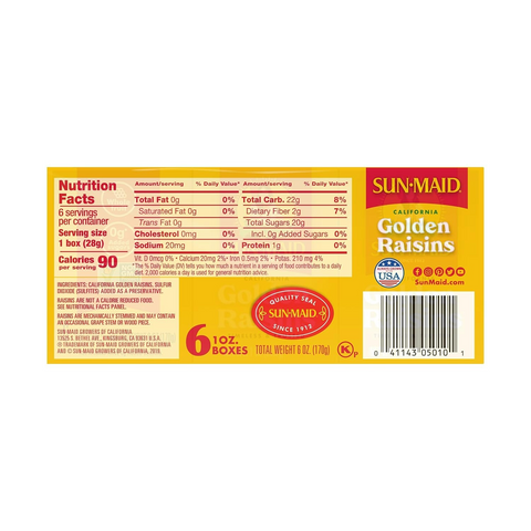 Sun-Maid California Golden Raisins - 1oz Box - 6 Pack