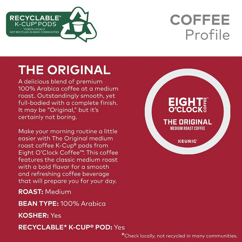 Eight O'Clock Coffee The Original Single-Serve Keurig K-Cup - Medium Roast Coffee Pods - 12 Count