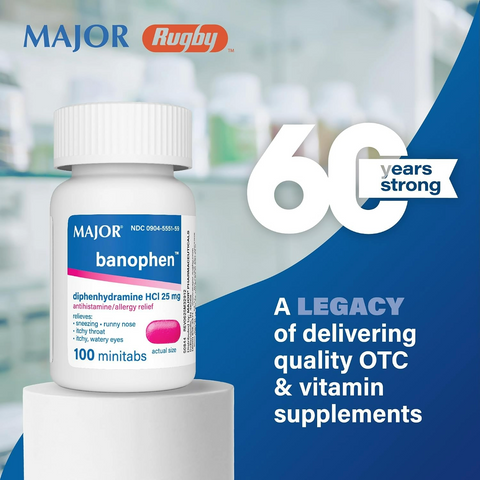 Major Banophen Diphenhydramine HCI 25 mg Minitabs - Antihistamine Allergy Medicine - 100 Count Bottle