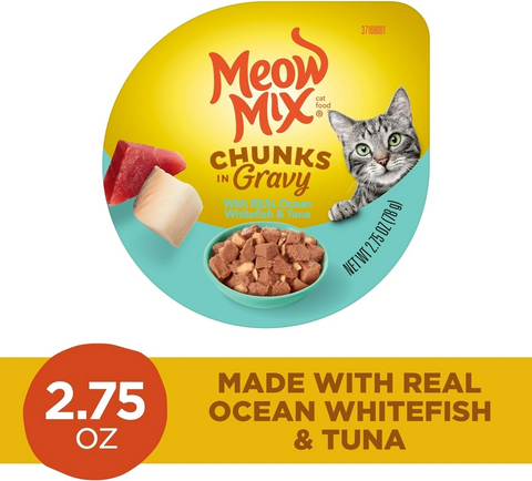 Meow Mix Chunks in Gravy With Tasty Real Ocean Whitefish & Tuna - 2.75oz Cup